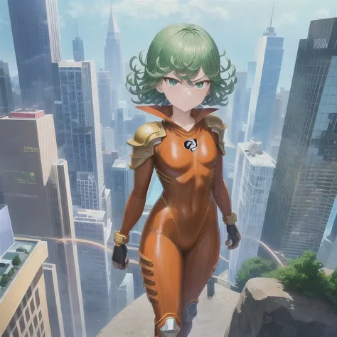 Masterpiece, best quality, ultra detailed, illustration, lighting epic, cinematic composition, 1 girl, Tatsumaki, short hair, green hair, very small breasts, green eyes, bright eyes, pouting, blushing, closed mouth, piercing gaze, full body, gremlin, brown...