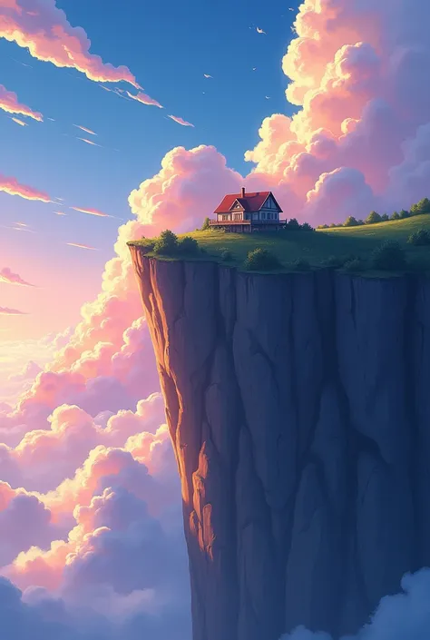 ((best quality)), ((masterpiece)), (detailed), viral anime style wallpaper of a closed-up cliff  touching the heavens, a single home at summit,featured by a vibrant and warm color temperature, fluffy clouds