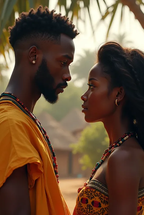 Un beau villageois africain de lage de 21 ans au regard captivant regarde de loin une jeune fille africaine de 17ans au cheveux noir 