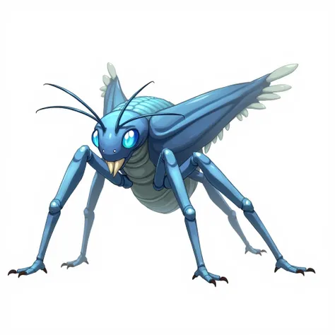 Fakemon, white background, high qualiy, Pokémon (creature), looking to the side, attack pose, creature gafanhoto, Anime Art, rpg maker mv, cor azul