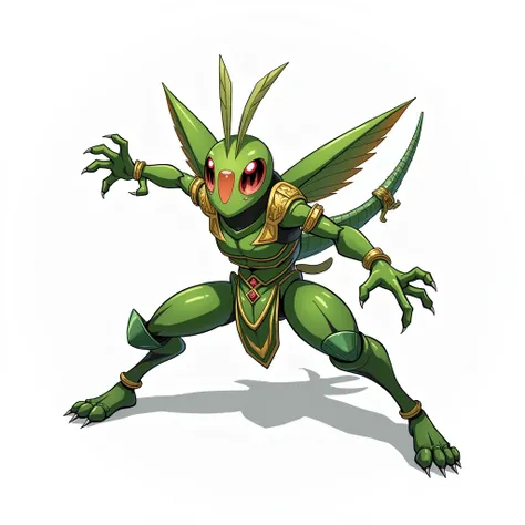 Fakemon, white background, high qualiy, Pokémon (creature), looking to the side, attack pose, creature gafanhoto, Anime Art, rpg maker mv, cor verde, samurai