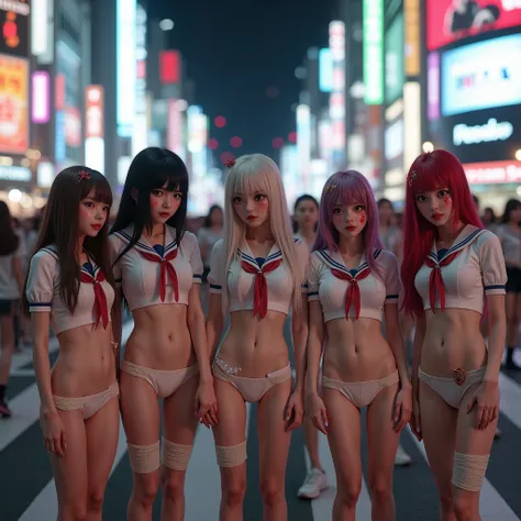 (((SFW, NSFW STILL SHOW, 12 Tiny Girls in a row:1.2, Shibuya Hachiko-mae scramble crossing on Halloween:1.2))), ((masterpiece:1.2, best quality, photorealistic:1.37)), { (Standing Full Body:1.2)|(from below:1.2) }, { bandaged full body | Cut-off Sailor Uni...