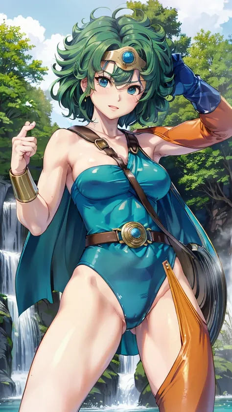 （（（ＳＦＷ、sound、Highest quality、Top notch work、Normal body、8k、Detailed face、Ultra-precision、normal hand、refer、５refer、Highest）））、beautiful girl、Green Hair、yamato nadeshiko、((Small breasts、Shortcuts、Blue leotard、muscular、Red Cape、Circlet))、(((Sexy pose)))、Femal...