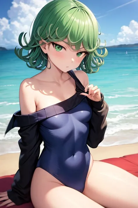 Tatsumaki, sitting, hight school swinsuit, very small breast, beach, off shoulder sweater