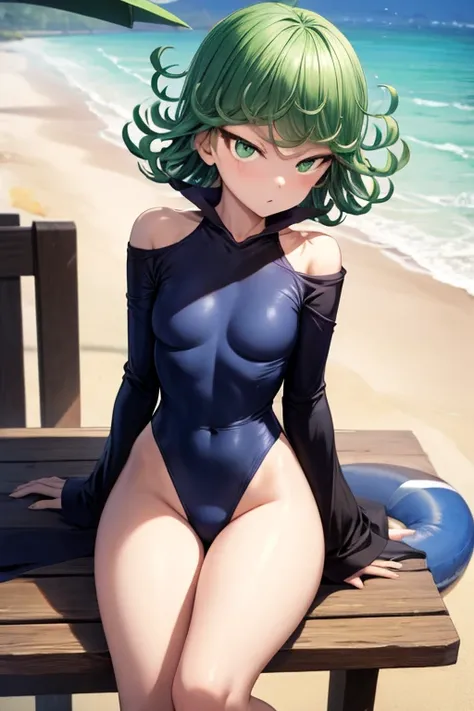 Tatsumaki, sitting, hight school swinsuit, very small breast, beach, off shoulder sweater