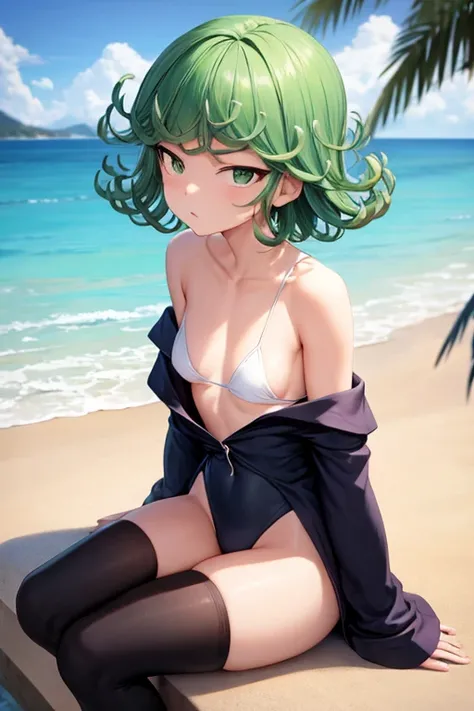 Tatsumaki, sitting, hight school swinsuit, very small breast, beach, off shoulder