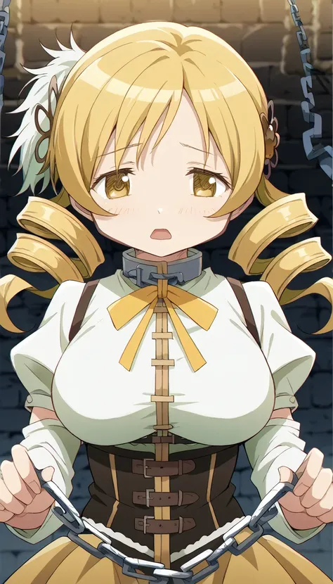 mami tomoe, blonde hair, drill hair, twin drills, yellow eyes, 1girl,very large breasts　collar with chain(pulled neck by a chain...