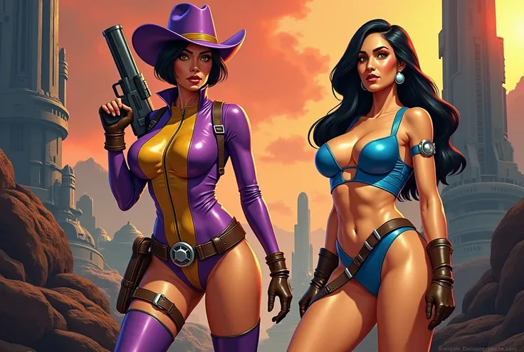 in a retro scifi style illustrate Nisha and Viv standing back to back with a retro scifi background. Nisha is a female space adventurer wearing a shiny futuristic bodysuit that is a deep vibrant purple with a wide gold stripe down the front, it has a high ...