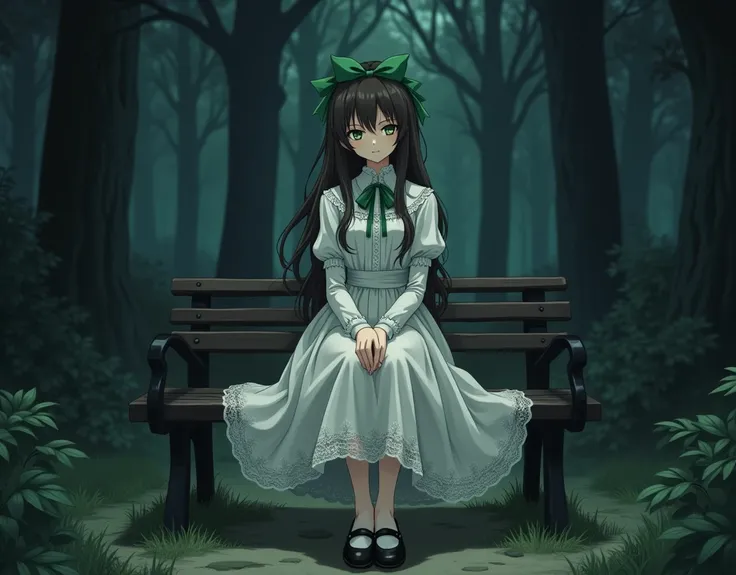 anime woman wearing white long sleeved dress, calf length hemline, peter pan collars, long dark brown hair, wearing black mary jane shoes, lace details on dress, green eyes, green worn out bow in back of hair, sitting on a bench by a dark forest, eerie, lo...