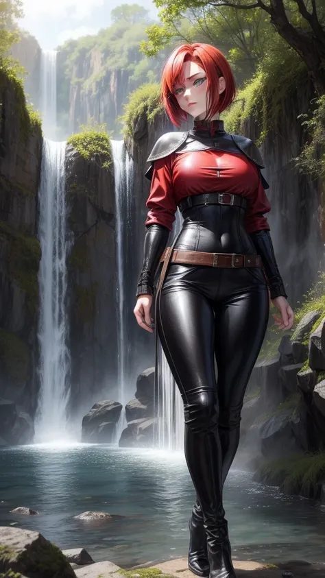 アニメ, girl from , {face perfect}, {short red bob hair}, {greeneyes}, {asymmetrical eyes}, {perfect nose}, {reddish lips}, {full body 5.0}, {(red leather medieval clothing, detailed)}, {(black medieval leather pants)}, {in a waterfall}

{8k image}, {128k ult...