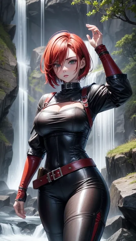 アニメ, girl from , {face perfect}, {short red bob hair}, {greeneyes}, {asymmetrical eyes}, {perfect nose}, {reddish lips}, {full body 5.0}, {(red leather medieval clothing, detailed)}, {(black medieval leather pants)}, {in a waterfall}

{8k image}, {128k ult...