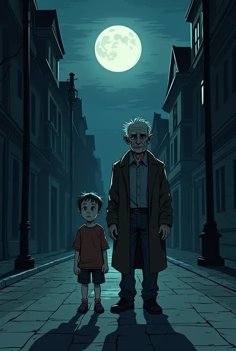 old man and boy are standing on the sidewalk waiting for something many buildings dark street night moon shining (macabre cartoon style image) they look forward they are on the sidewalk
