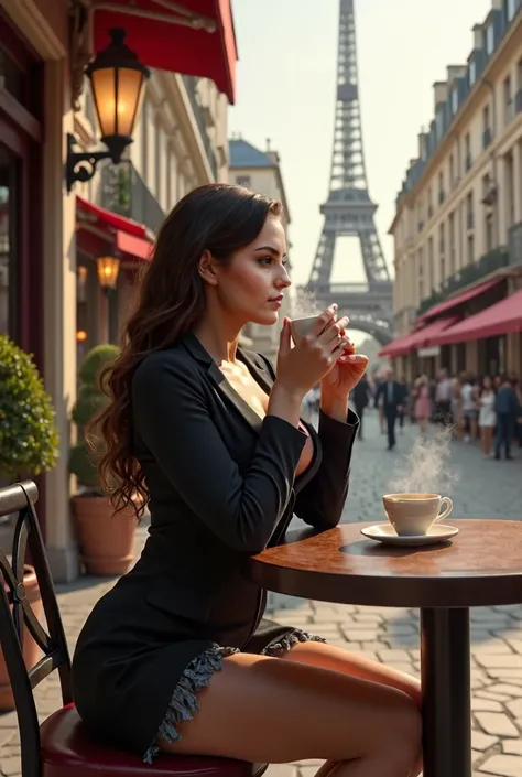 sexy girl, cleavage, medium breasts, 4K, beautiful, corpulent, a little thin, looking at the surroundings, suit with elegant shorts, sandals, sexy, drinking coffee, coffee shop, avenue, paris, eiffle tower