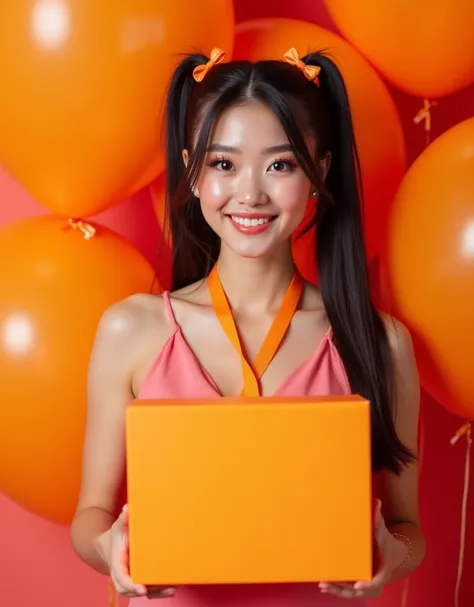 Cheerful girl 2 Russian European beauty appearance, in a pink dress, On the head there are two ponytails and two small orange bows, holds a large rectangular orange box, Advertising Photography Beauty, studio light, Professional photography., background of...