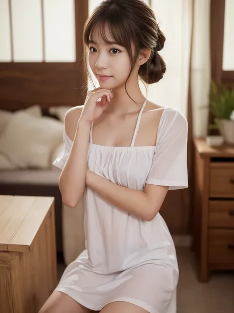 She is a very beautiful college student Japanese woman wearing a cotton house dress, (One woman:1.2), I can see her from head to toe, She has very beautiful, radiant skin, BREAK, Focus on her whole body and strongly blur the background, There are no humans...