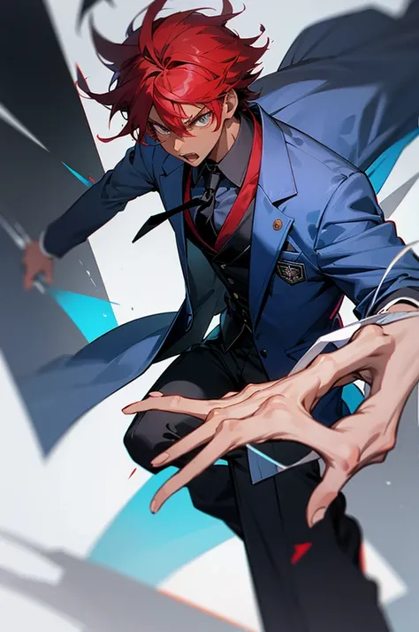 male, modern clothing, collar shirt, blue jacket, blazer jacket, open jacket, slack pants, black pants, necktie, black tie, school background, Messy hair, black skin color, gray eyes, Headphones, Red Hair, Angry