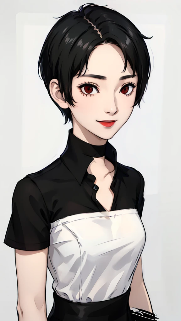 1 girl, very short hair, black hair,tomboy pixie haircut, red eyes, black lipstick, black choker, face portrait, t-shirt , front...