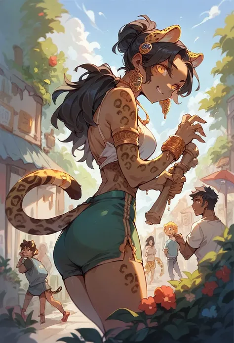 brazilian woman, brazil, black hair, jaguar ear, jaguar tail, gold eyes. village in the background (humanoid animals)