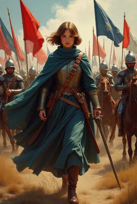 joan of arc, a woman with light brown hair Chanel haircut, lightbrown eyes. leading large French troops 