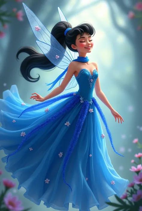 tinker bell with black long poni tail wearing royal blue flowery dress and also wearing a royal blue long furry dupatta in her neck while giggling 