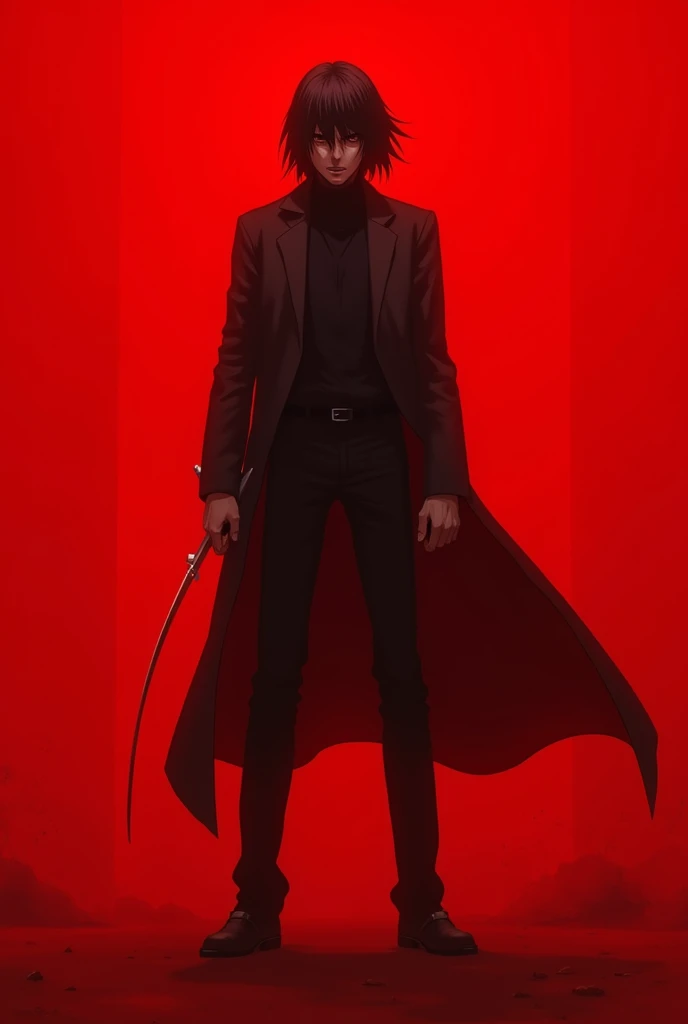 Dynamic pose,A tense look, Red background,Death Note Style