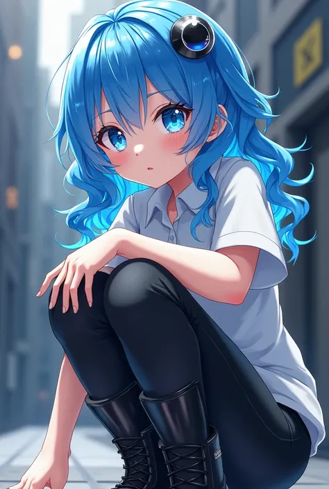 An anime girl with curly hair, blue eyes, black pants, white shirt, black boots and a robot eye