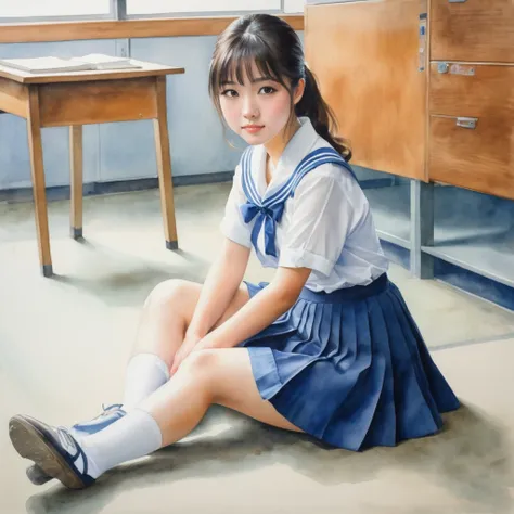 Watercolor painting, a Japanese high school girl sitting with knees up on floor, in classroom, look at viewer, white panties in blue skirt