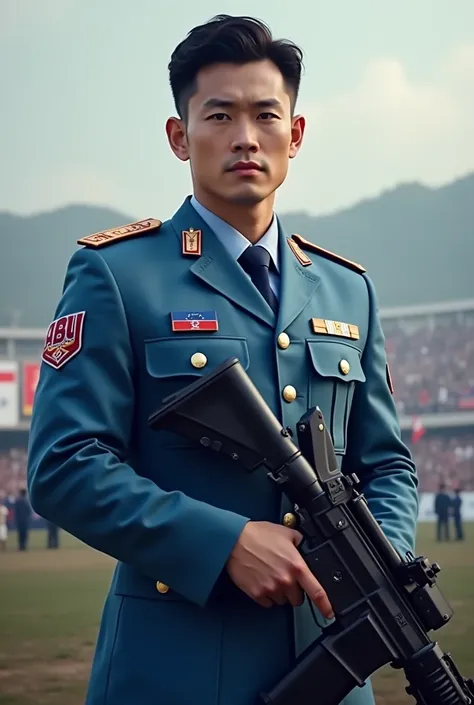 A handsome Korean man dressed in a blue military uniform holding a weapon against the background of a rally field with ABU written on his shirt