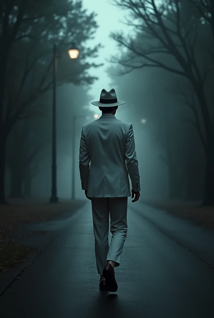 Image of a man walking on the dark road in a white suit, white pants and a black tie with a panama hat with a black band