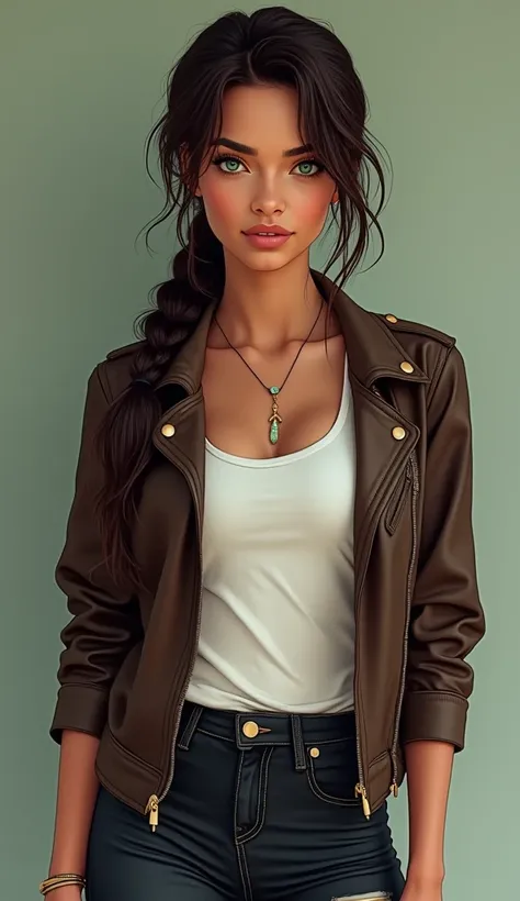 Brazilian woman, 2, height 1,70m, long  hair, wavy and dark brown, usually tied in a side braid.  Light brown skin with a slight golden glow.  
olhos verdes esmeralda, with an attentive and curious look.  
Athletic body with a confident and graceful postur...