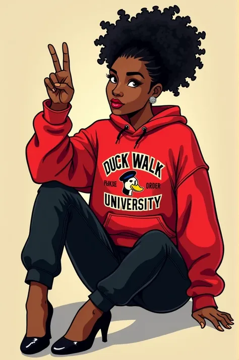 Crest a vibrant cartoon style illustration depicting a black women wearing a red "Duck Walk University"  sweatshirt hanging off the shoulders, black pants, black heels. She is seated on the ground with her right leg crossed over the left leg and she is thr...