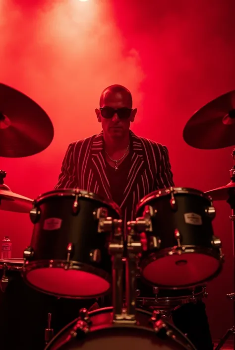 Skinhead drummer、sunglasses、Striped suit、live house、Smoke filling the stage、Red lighting、