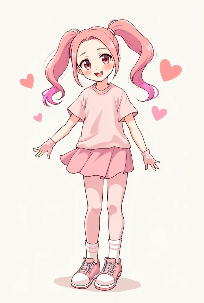 Sketch of a female anime character Long hair with a pink streak in a ponytail Medium eyes Medium nose Big happy mouth Pastel pink shirt Skirt pants Gloves that reach the elbow Tennis shoes
