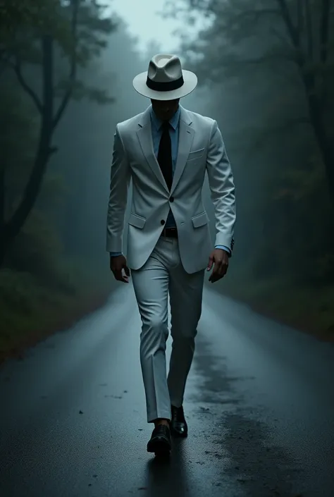 Image of a man walking on the dark road coming towards me, with white suit, white pants and a black tie with a panama hat with a black band