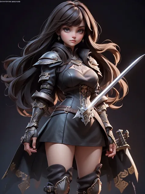 ((black background))), best quality, solo, 1 woman,full body,standing,high heel boots,knight,bangs,looking at viewer,sword,brown hair,pretty woman,masterpiece, intricate details, tonemapping, sharp focus, hyper detailed, trending on Artstation,
