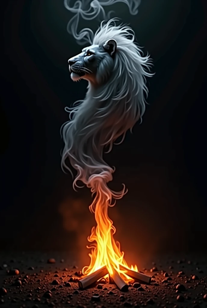 A campfire with smoke coming out, the smoke that forms the silhouette of a lion. Plain black background.