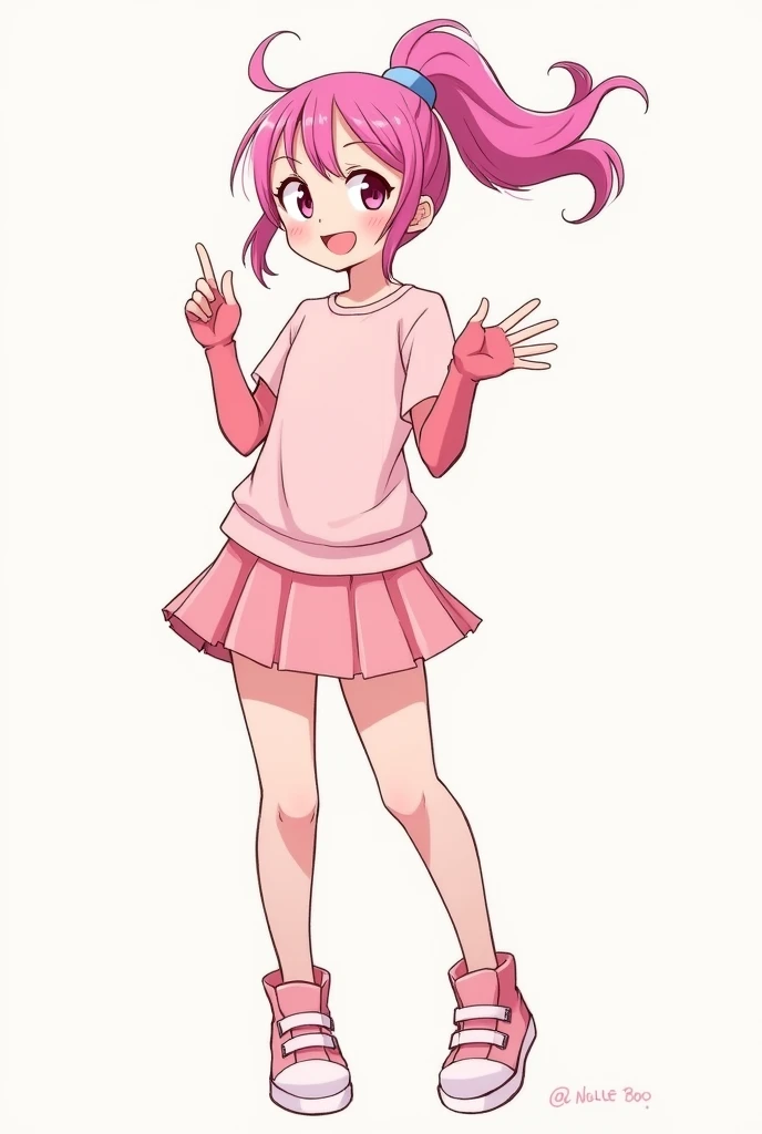 Sketch of a female anime character Long hair with a pink streak in a ponytail Medium eyes Medium nose Big happy mouth Pastel pink shirt Skirt pants Gloves that reach the elbow Tennis shoes 