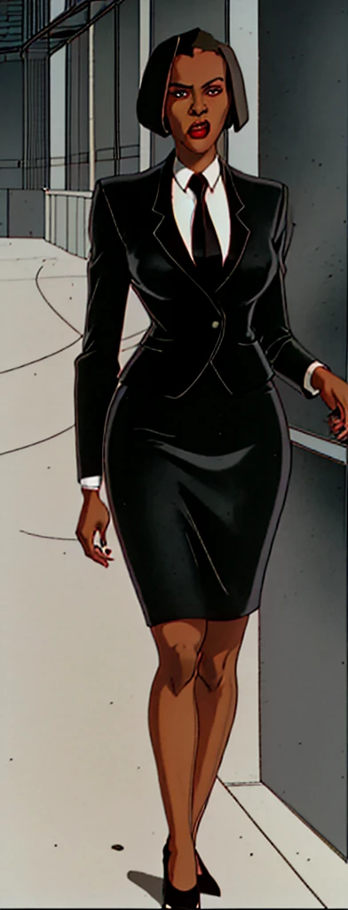 90s anime evil black skinned business woman in a skirt suit full body with black hair