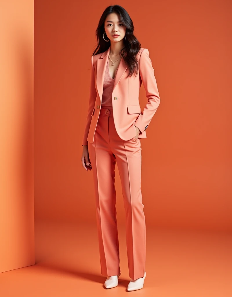 come up with beautiful branded clothes for the girls of the cosmetics store, youth trendy suit design, The signature colors to use are pink and carrot, realistic professional photography
