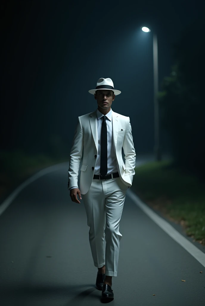 Image of a man walking on the dark road coming towards me, with white suit, white blouse, white pants and a black tie with a panama hat with a black band