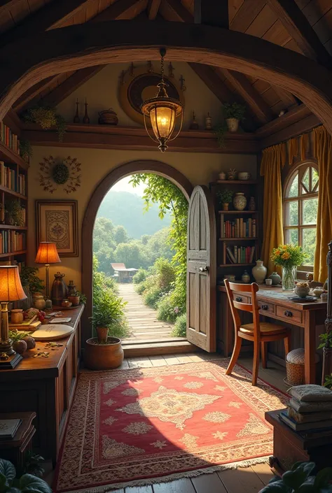 inside hobbits house, full of things and furniture. Lying on the table in the far distance is a small gold ring