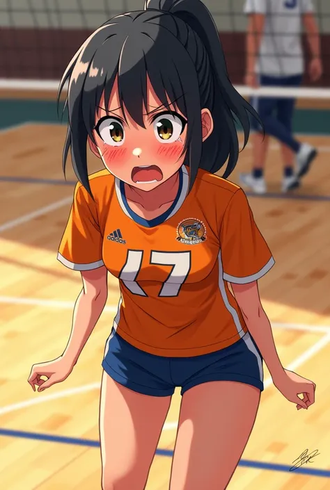 Draw a volleyball player。
He is practicing receiving and keeping his hips low.。
The practice is tough, and she looks distressed and tears are streaming down her face.。
Please highlight the tears so they are easily visible。

Anime Style