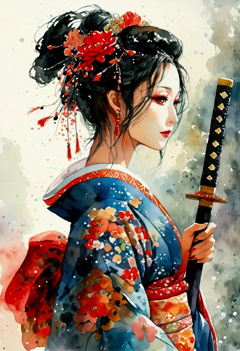 A beautiful woman dressed as an oiran, holding a sword, depicted in a watercolor style. The composition focuses on her upper body, showcasing her elegant kimono and the intricate details of her hair ornaments. The background is misty, creating a mysterious...