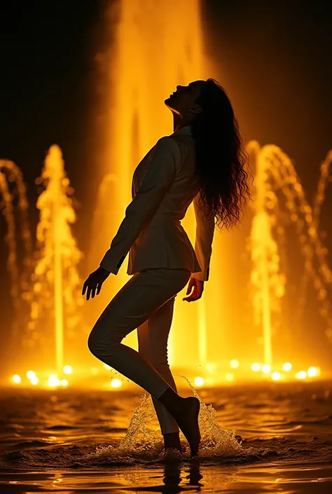 A sexy, beautiful woman in a white business suit is taking a shower in the fountain at night, barefoot.、While getting soaked、Looking up at the sky, I spread my arms and dance。The fountain is lit up in gold.。Back view。Silhouette only。