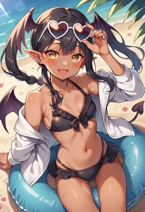 1girl, solo, long hair, looking at viewer, blush, smile, open mouth, black hair, long sleeves, navel, twintails, yellow eyes, swimsuit, braid, heart, :d, outdoors, small breasts, frills, open clothes, pointy ears, fang, dark skin, open jacket, dark-skinned...