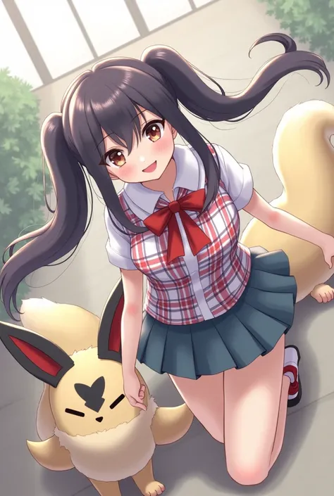 One Girl　Twin tails　Black Hair　Vulpix　Thin face　Checked uniform　smile