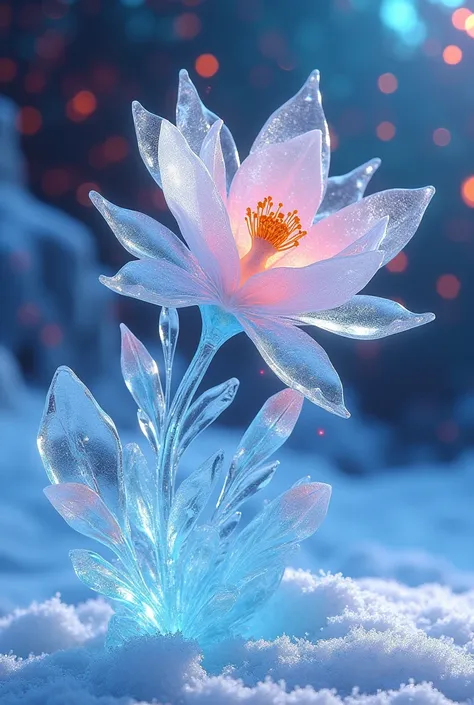 Portrait of a ((Glace escultura de uma  flor e botões crescendo: 1.5)), specific to a dynamically colored ice flower, dynamic background, vivid icy flower, close the portrait, dynamic background, high détail, Ultra-high quality, high resolution, 16k resolu...