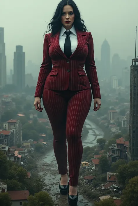 1 kat Dennings bbw woman beautiful curves a massive thighs black hair black lipstick goth wearing a perfect form fitting dark red pinstripe trouser suit and blazer, crisp white shirt and large blade width windsor knot red tie, massive breasts. Platform hig...