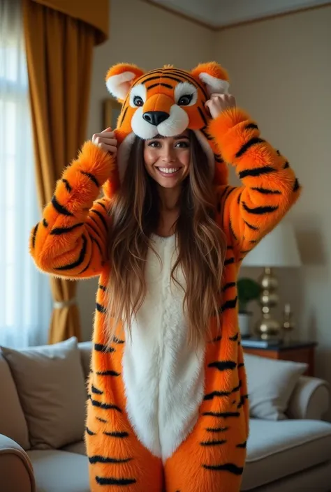 "A stunning woman with long, flowing hair stands in a stylishly decorated room, joyfully dressing into a vibrant plush tiger fursuit. The fursuit is a rich combination of orange and black stripes, with a fluffy, soft texture that highlights its playful and...