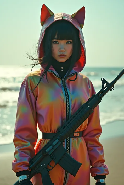 A cyborg girl wearing a rainbow-colored kigurumi suit with extremely intricate geometric patterns.、Young and attractive Asian woman,　Beautiful fashion model、Cute Japanese Girl、 double eyelid,  Actual item、Detailed skin、Very short wolf cut hair、photograph、I...